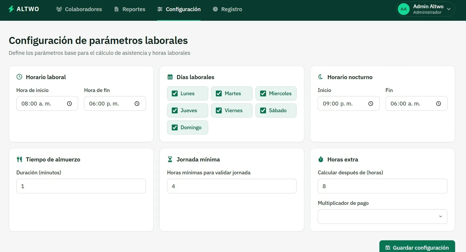 Configuración del horario laboral, los días laborales, el horario nocturno, el almuerzo, la jornada mínima y las horas extra