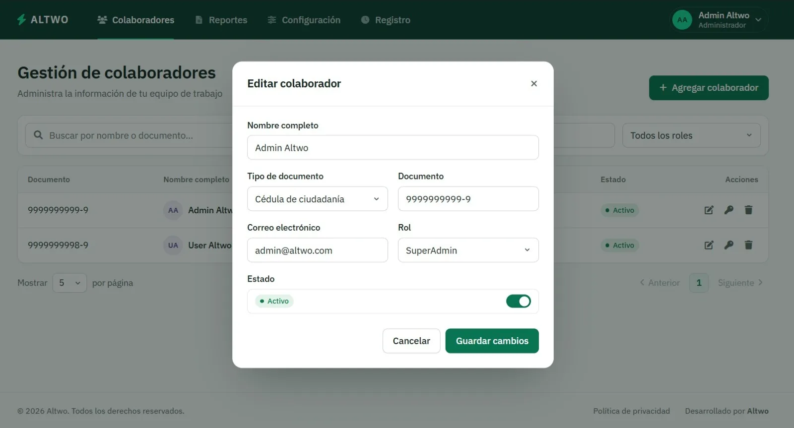 Formulario para editar un colaborador con nombre, tipo y número de documento, correo, rol y estado