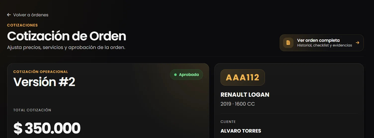 Cotización aprobada de una orden con su total, el vehículo y el cliente