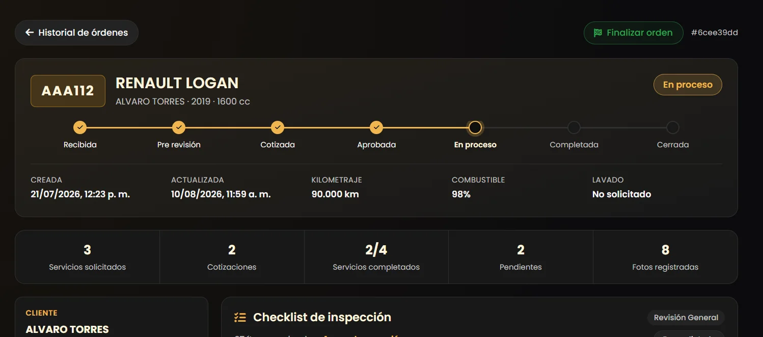 Orden en proceso con sus etapas, kilometraje, combustible, servicios completados y fotos registradas