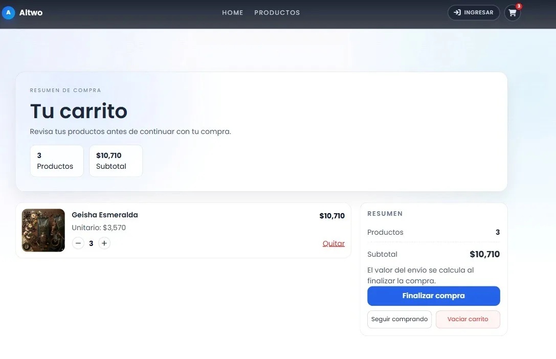 Carrito de compras con el producto, la cantidad, el subtotal y el botón para finalizar la compra