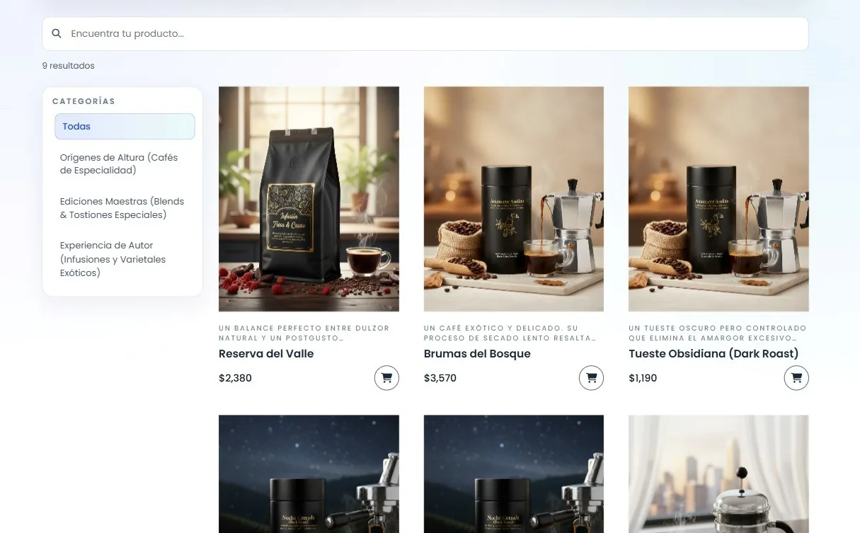 Catálogo de productos con buscador, filtro por categorías, precios y botón para agregar al carrito