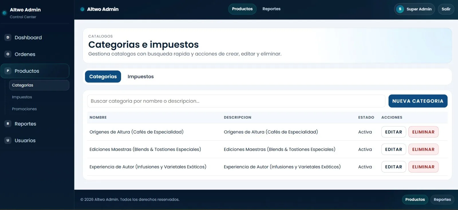 Administración de categorías e impuestos de la tienda con búsqueda y acciones para crear, editar y eliminar