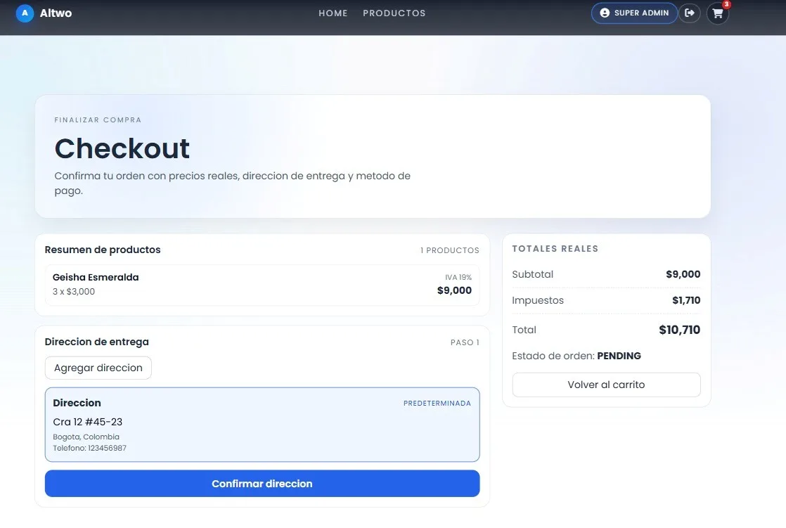 Checkout con el resumen de productos, la dirección de entrega, el IVA y el total de la orden