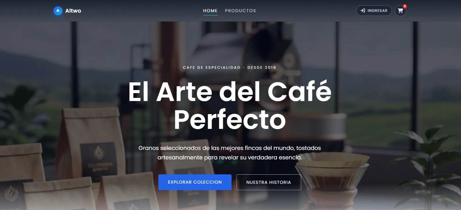 Página de inicio de una tienda de café con imagen principal, menú y acceso al carrito
